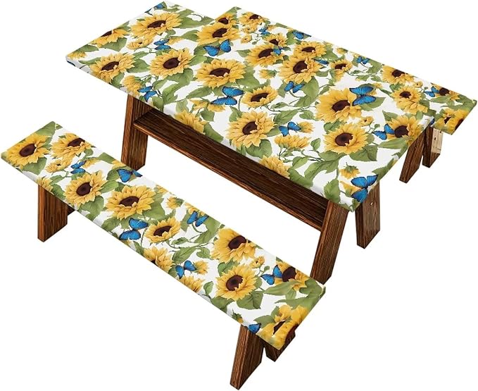 Sunflower Picnic Table Cover with Bench Covers Autumn Outdoor Camping Tablecloth Water and Oil Repellent Elastic Waterproof Picnic Table Cover 3 Piece Set for 6 Foot Tables