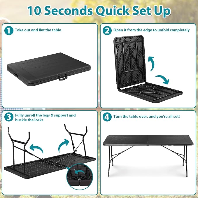 JupiterForce 6ft Plastic Folding Table, Indoor Outdoor Portable Heavy Duty Foldable Camping Table, Fold-in-Half Utility Table Dining Picnic Table for Party Wedding Event, Black