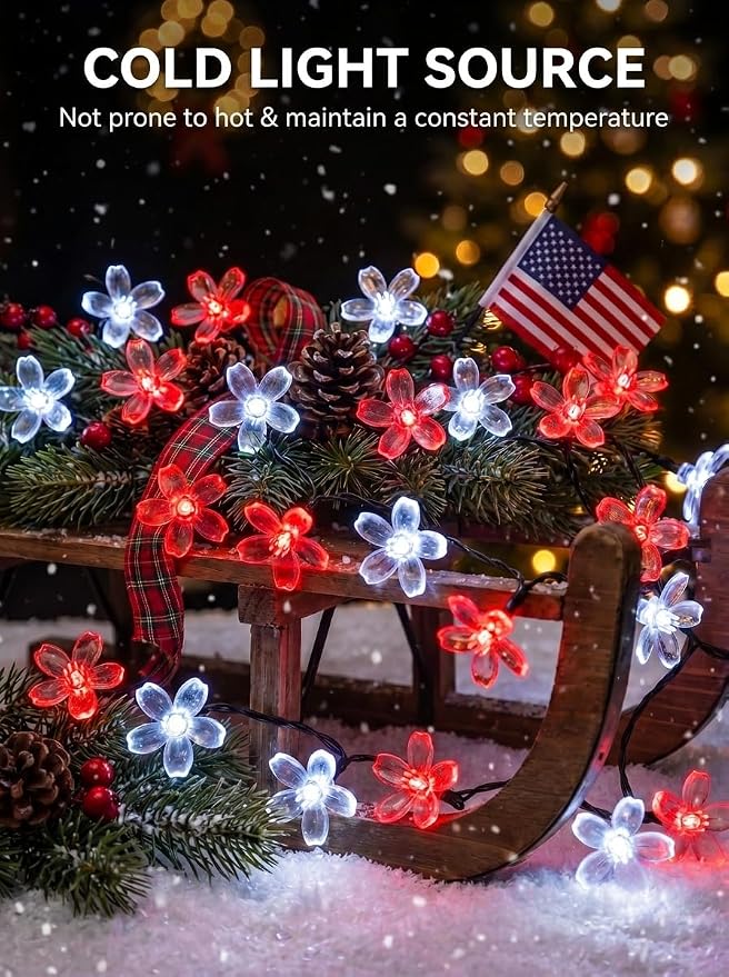 ITICdecor Solar Flower String Lights Outdoor Waterproof 50 LED Solar Powered Fairy Lights for Garden, Fence, Patio, Yard, Christmas Tree & Party Decor(Red&White)
