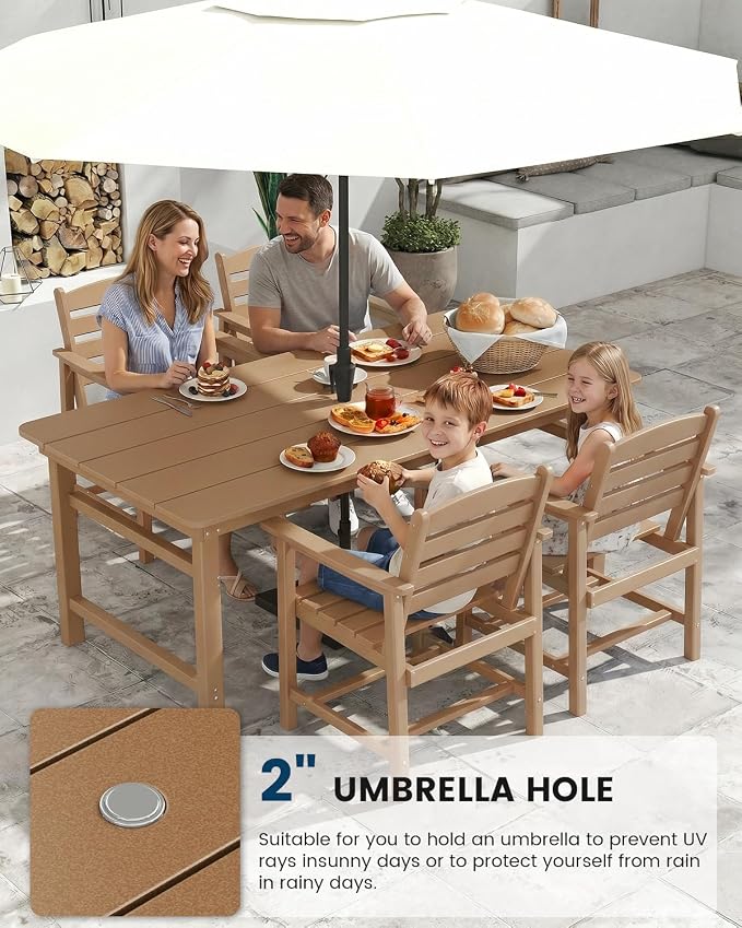 FOOWIN Outdoor Table and Chairs Set 5-Piece HDPE All Weather Patio Dining Set with Umbrella Hole,Outdoor Patio Furniture Dining Set for 4,Patio Kitchen Table Set for Garden,Backyard,Poolside, Teak