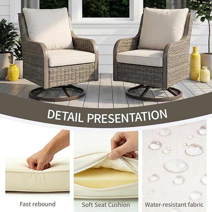 Swivel PE Wicker Chair, Outdoor Patio Chair with 360° Rotation & Water-Resistant Cushion for Porch, Deck, Balcony – All-Weather Handwoven Design (Beige, 2 -PCS)