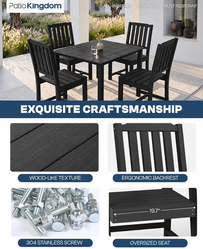 HDPE Outdoor Dining Set for 4, Square Table and Chairs, Black | All-Weather HDPE, Wood Grain Finish, 42.5" Square Table, Built-In Umbrella Hole, Seats 4, Patio & Poolside Ready
