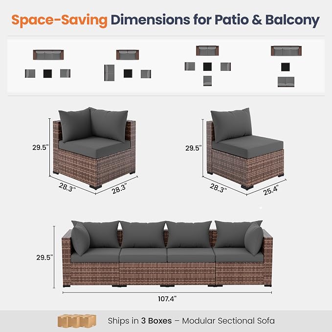 UDPATIO Patio Furniture Set with Fire Pit Table, 5 Piece Outdoor Sectional Sofas, All-Weather Wicker Conversation for Garden, Backyard, Grey