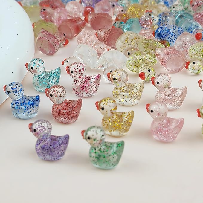 120PCS Mini Glitter Resin Ducks 12 Colors | Tiny Colorful Resin Ducks, Miniature Little Plastic Animal Figures for Micro Landscape Fish Tank Garden Dollhouse DIY Decor