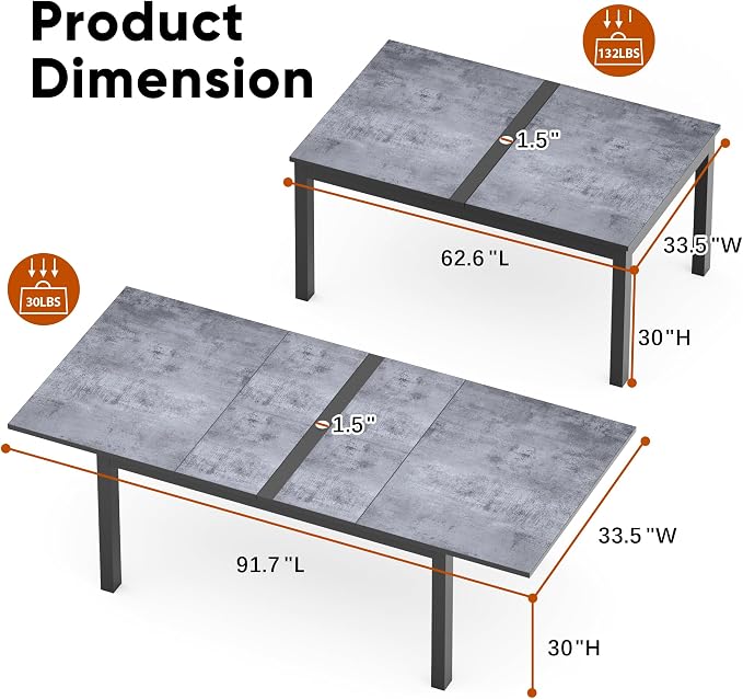 Aluminum Expandable Outdoor Dining Table, 3-Position Extensible Length Patio Dining Table for 6-10 Person, 91.7" L x 33.5" W Stone Plastic Tabletop with Umbrella Hole for Garden Porch Deck, Grey