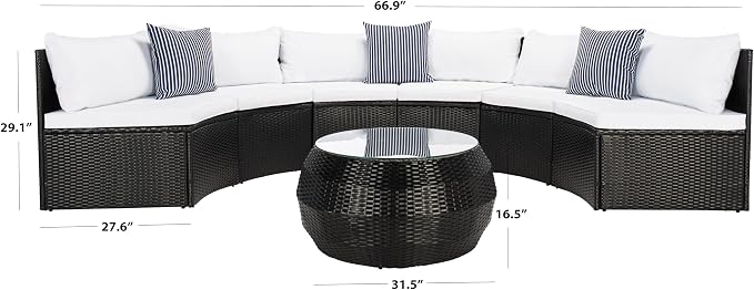 SAFAVIEH Outdoor - Jesvita 4-Piece Conversation Set - Black & White - Faux Wicker & Steel Frame - Demilune Sectional with Accent Table - Ideal for Patio, Deck, Porch, Backyard (PAT7701A)