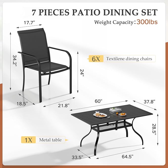 Crownland 7 Piece Patio Dining Set, Outdoor Textilene Dining Sets, 6 Textilene Metal Chairs and Rectangular Outdoor Dining Table with 1.57" Umbrella Hole,Black