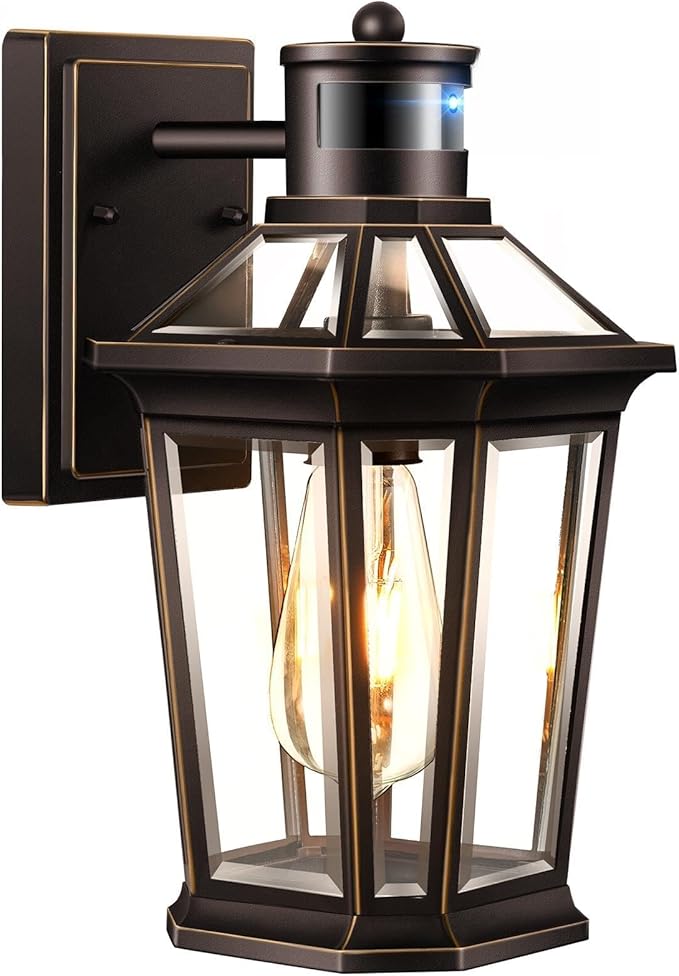 VIANIS Outdoor Motion Sensor Porch Light, Dusk to Dawn Outdoor Lighting Wall Sconce, Aluminum Oil Rubbed Bronze Gold Trim Exterior Lighting Fixtures, Weatherproof Outside Wall Lights for House, Patio