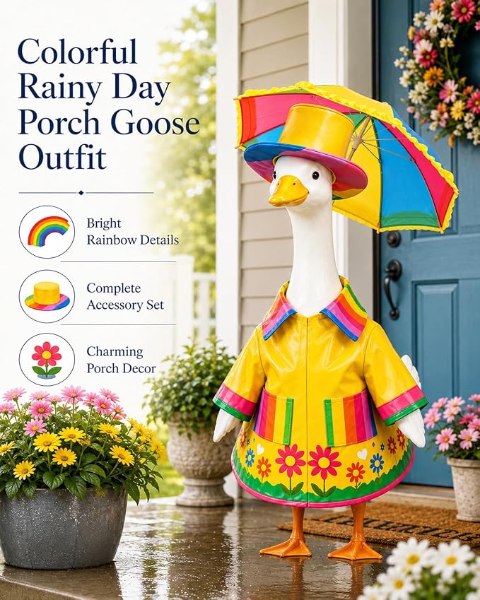Porch Goose Raincoat Outfits, Summer Spring Lawn Yard Goose Statue Clothes Costume for 23" Lawn Outdoor Garden Yard Patio Geese Statue Decoration with Raincoat Umbrella Hat (Yellow raincoat)
