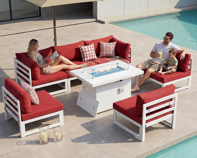BULEXYARD 6 Person Oversized Modular Aluminum Outdoor Furniture Set with Fire Pit Table, 29 inch Deep Wide Sectional Seating, 500 lbs High Weight Capacity Patio Conversation Set for Garden, Burgundy