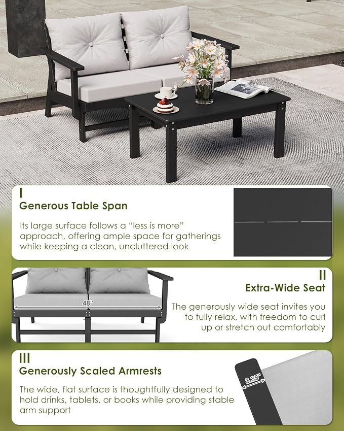 GREENVINES 3-Piece-Patio-Furniture-Set | HDPE Plastic | Outdoor Sectional Conversation Sets | All-Weather Couch | Sofa with Coffee Table | Detachable Armrests | for Deck Lawn | Black