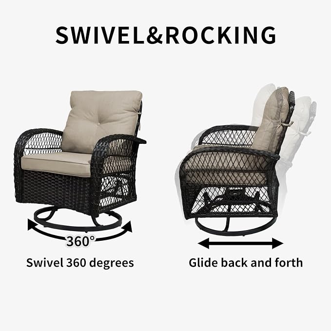 SHGJ&SOFT 3 Piece Patio Furniture Set, 2 Outdoor Swivel Rocking Chairs with Side Table, Wicker Glider Chairs, All-Weather Rattan Bistro Set for Porch, Deck, Pool (Brown, Brown Open-Weave Rattan)