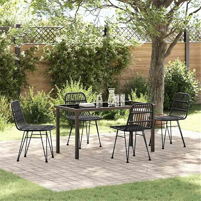 Afuera Living 5 Piece Poly Rattan Garden Dining Set, Black Finish, Weather-Resistant UV-Protected Material, Powder-Coated Steel Frame, Rectangular Table and Chairs, Modern Patio or Outdoor Seating