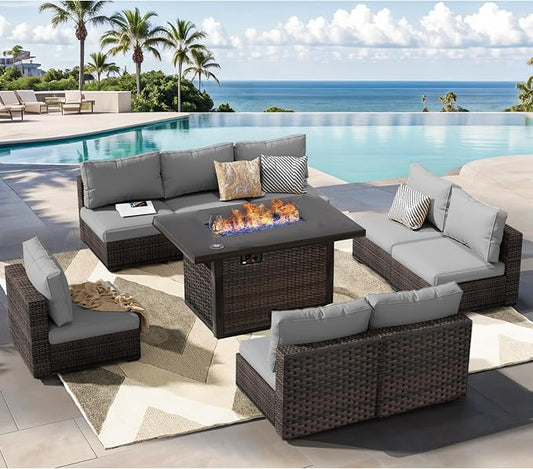 Patio Furniture Set Fire Pit Table 9 Piece All Weather PE Rattan Outdoor Sectional Sofa Couch with 8 x armless Sofa, No-Slip Cushions for Garden, Poolside, Backyard (Gray)