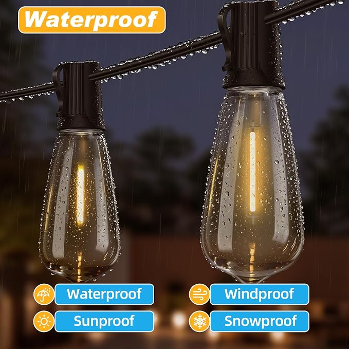 100FT LED Outdoor String Lights Waterproof, Edison Lights for Outside | with 52 Shatterproof Vintage Edison Bulbs Connectable Hanging Patio Lights for Yards Balcony Porch Bistro Garden Decor