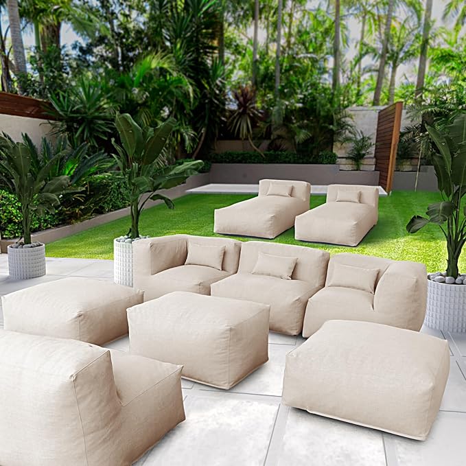 Dineli ANNYH Patio Modern Outdoor Furniture Sectional Conversation Set - Combines 2Lounger 2Middle 2Corner 3Ottoman Exp Foam Filled Chairs.A Unique Modular Contemporary Sofa (Light Beige)