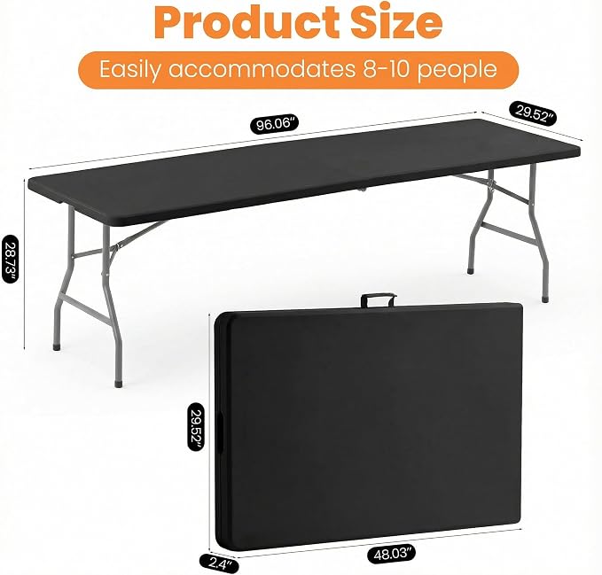 8 FT Black Plastic Folding Table Set with 6 Black Folding Chairs for Picnic, Party, Training, Outdoor Activities, at Home and Commercial Use