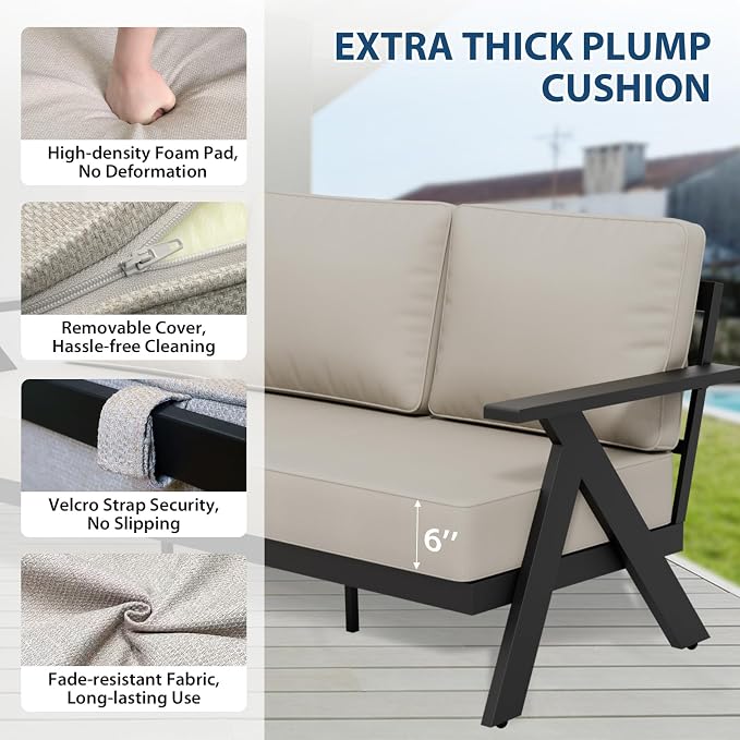 COOS BAY Iron Luxe 7 Piece Outdoor Patio Furniture Set, Modern Patio Conversation Set with Patio Chairs, Swivel Chairs, a 3 Seat Couch, Coffee Table & Side Table for Deck, Garden, Porch, Black/Beige