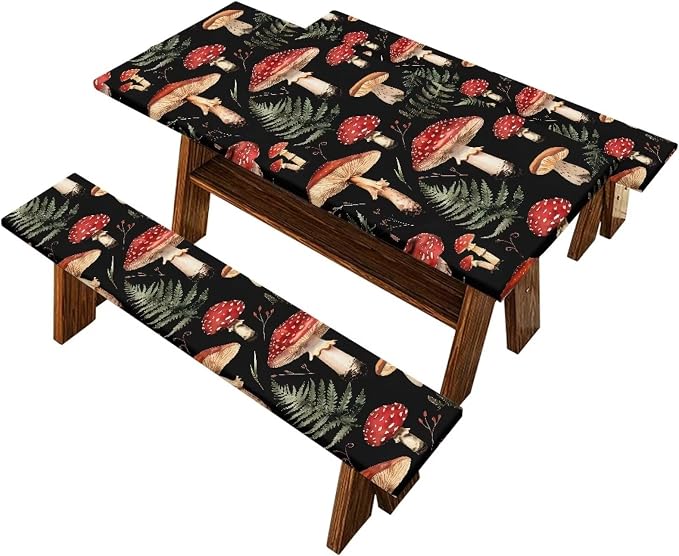 Mushroom Picnic Table Cover with Bench Covers Foldable Outdoor Camping Tablecloth Dustproof Elastic Waterproof Picnic Table Cover 3 Piece Set Suitable for BBQ Picnic Party Camping