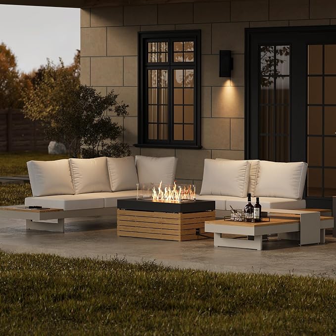 homary Patio Conversation Sets with Fire Pit-Modular Outdoor Sofa Aluminum & Teak Sofa Set with Glass Wind Guard Ideal for Patios & Balconies, Light Gray