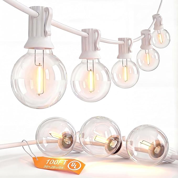 SUNSGNE G40 Globe White String Lights Outdoor - 100FT White Patio Lights with 52 Shatterproof Dimmable LED Bulbs(2 Spare) for Room Party Bistro Pergola Tents Decor