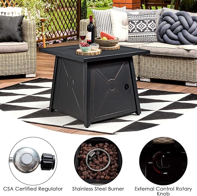 Tangkula 7 Piece Patio Furniture Set w/Fire Pit Table, Patiojoy Outdoor Rattan Conversation Sofa Set w/30 Square Propane Fire Pit Table, 50,000 BTU Heat Output, Protective Cover Included (Off White)