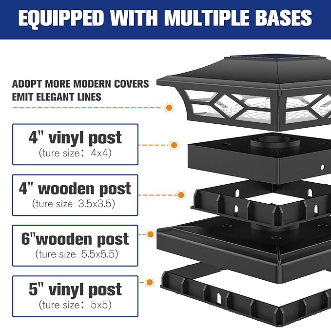 VOLISUN Solar Post Cap Lights: 12 - Pack Outdoor Deck Post Cap Lights Black for Dock Fence Waterproof 2 Color Modes,4x4/6x6 Wooden/Vinyl Posts