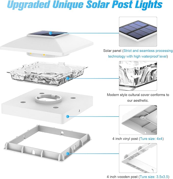 VOLISUN 4x4 Solar Post Cap Light 6pack,Solar Fence - Post Lights Outdoor Waterproof for Wooden/Vinyl Post,White Deck Post Cap Light Solar Powered with Warm White for Garden/Patio/Porch