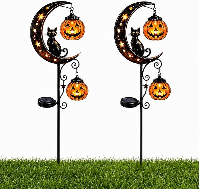 Solar Halloween Black Cat & Pumpkin Moon Garden Stake Light, Outdoor Waterproof LED Yard Decoration with Crescent Moon, Hanging Jack-o'-Lantern Lantern for Garden, Patio, Walkway, Porch (Style C C)