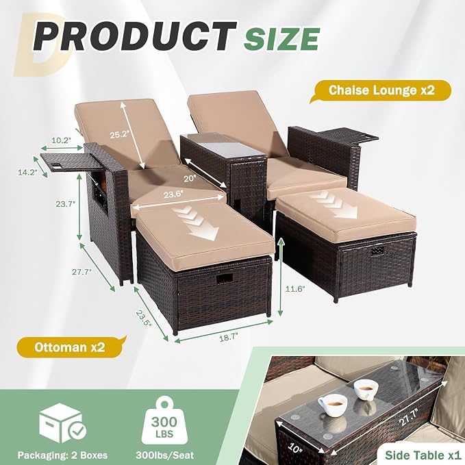 LVUYOYO 5 Piece Patio Furniture Set, Patio Wicker Conversation Set with Ottoman, Outdoor Chaise Lounge Chair with Side Table & Adjustable Backrest for Pool Backyard Garden (Brown Wicker Khaki Cushion)