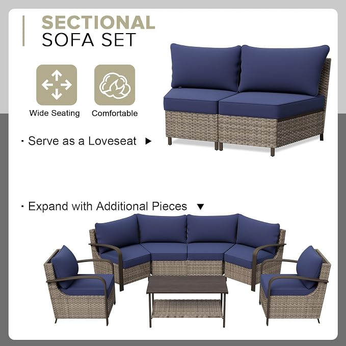 COOS BAY Aurora Terrace 6 Piece Outdoor Sectional Furniture Set, Half Moon Rattan Wicker Conversation Set with Patio Chairs, 4 Seat Sofa & Coffee Table for Patio Garden Yard, Beige/Blue
