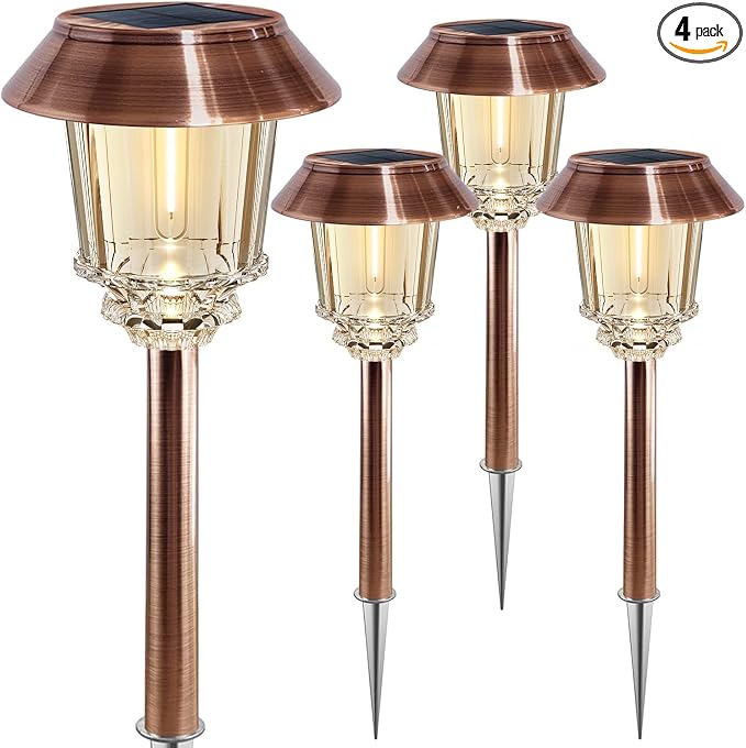 XMCOSY+ Solar Lights Outdoor Waterproof, 4 Pack Solar Pathway Garden Lights | 10-40LM Dimmable Warm White, All-metal Auto On/Off Solar Light, Waterproof Solar Powered Light for Driveway Walkway Sidewalk