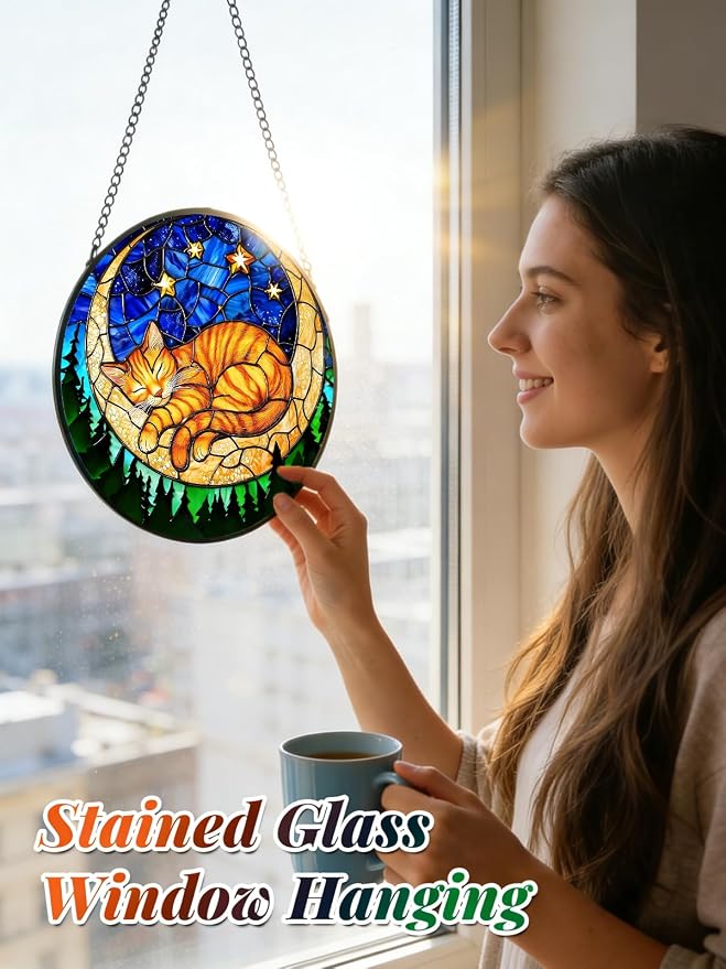 Orange Sleeping Cat Stained Glass Suncatcher Window Hanging Birthday Gifts | 7.8in Garden Sun Catcher, Cat on the Moon Starry Night Ornament for Door Home, Gift for Women Men & Mother's Day Christmas