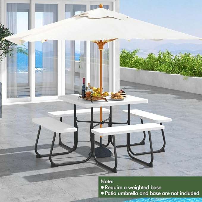 HAPPYGRILL 4-8 Person Square Picnic Table Bench Set with Umbrella Hole, Outdoor Camping Table with HDPE Material and Sturdy Metal Frame for Patio, Garden and Backyard, White