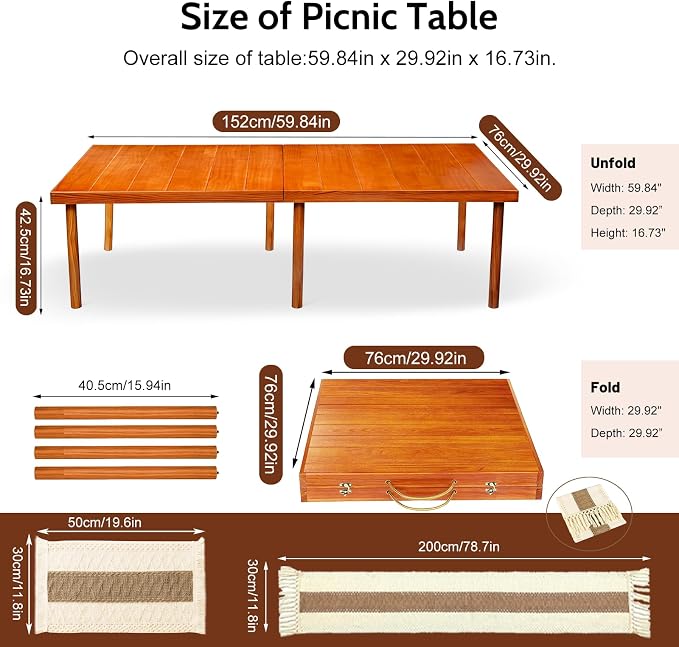 Folding Picnic Table with Table Runner and Placemat, 60*30 in Wooden Picnic Table for Outdoors, Boho Low Coffee Table for Sitting on The Floor, for Beach, Park, Garden, Camping, Travel(Brown)