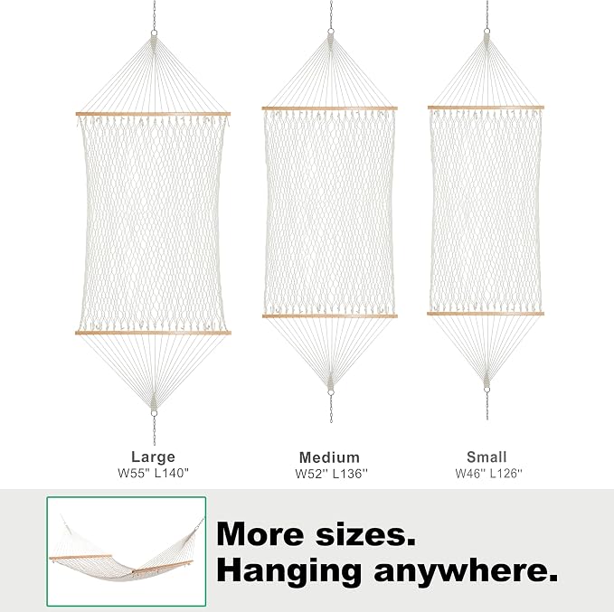 GAFETE Double Hammocks for Outside, Handwoven Traditional Cotton Rope 2 Person Hammock with Hardwood Spreader Bar, Chains & Hooks for Indoor Outdoor, Max 450 lbs Capacity (Natural Beige, Medium)