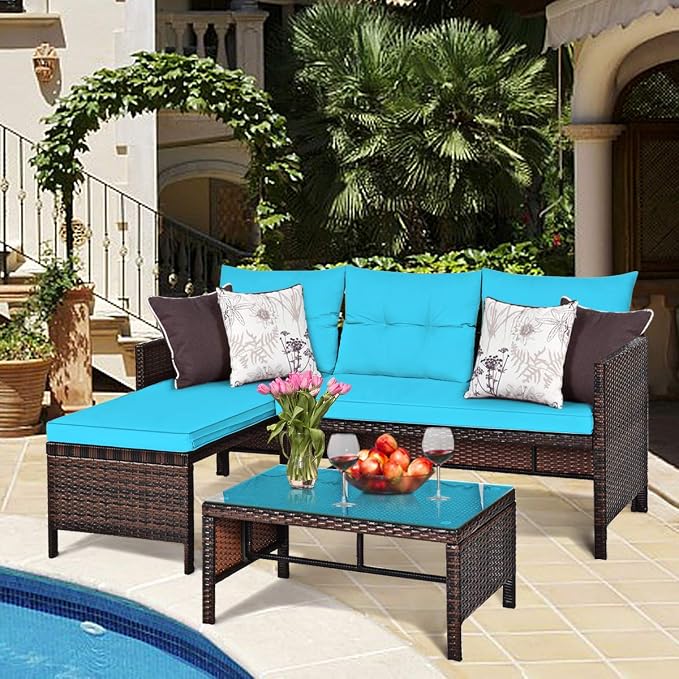 RELAX4LIFE 3-Piece Patio Furniture Set, Outdoor Wicker Sectional Sofa Set w/Washable Cushion, Tempered Glass Coffee Table, Rattan Conversation Set Outdoor Couch for Garden Backyard Deck (Turquoise)
