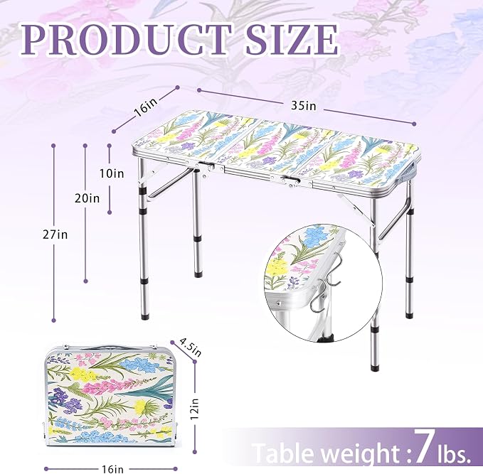 Yriuat Folding Camping Table 3ft Portable Picnic Table Adjustable Height Small Card Table Aluminum Foldable Lightweight with Carry Handle for Outdoor Indoor Hiking Camp BBQ Beach (Blooming Floral)