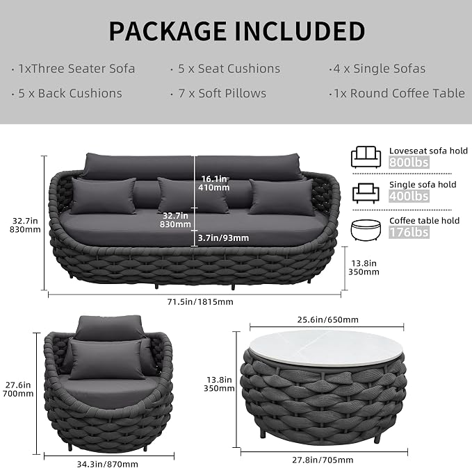 TWT Outdoor Patio Furniture Set-6 Pieces Aluminum Sectional Sofa, Metal Patio Conversation Set with Threeseat & Armchair, Textile Rope and Coffee Table, Dark Grey