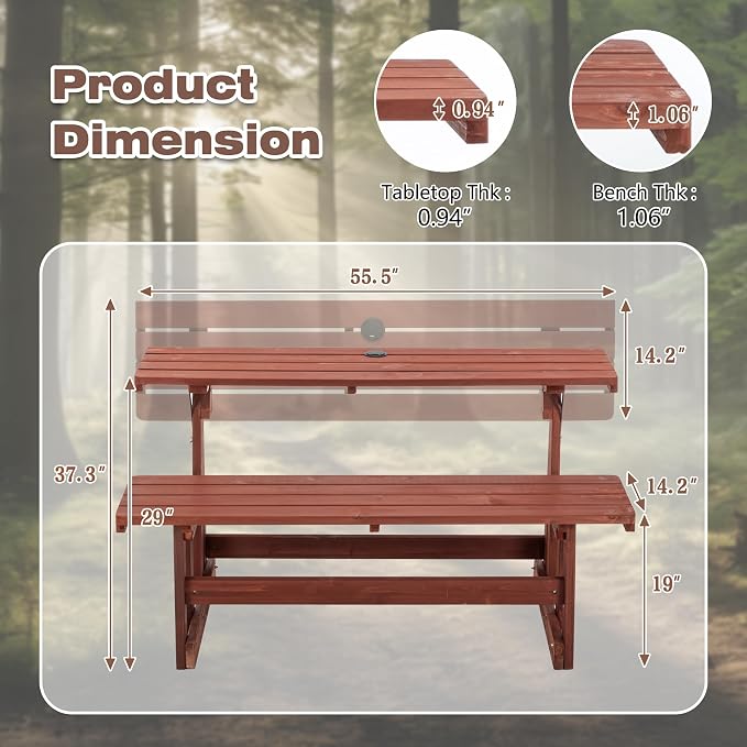 2 in 1 Convertible Picnic Bench Table Set, Transforming Interchangeable Outdoor Wooden Picnic Table with Umbrella Hole, 500lbs Collapsible Dining Table Bench for Backyard, Porch