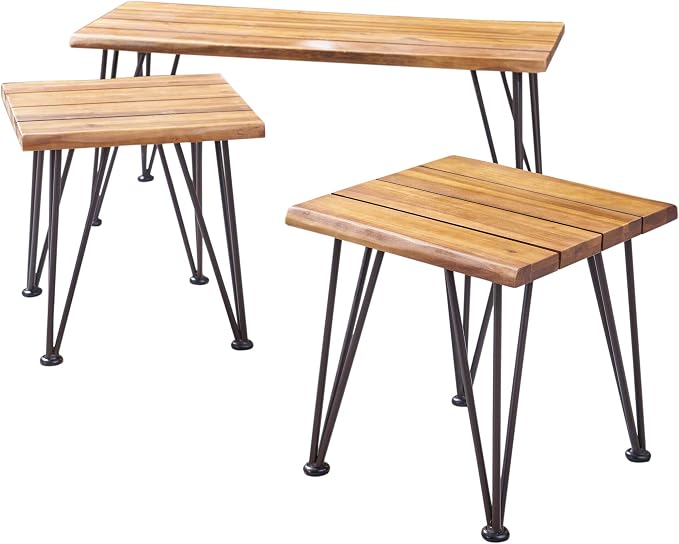 Christopher Knight Home Zion Outdoor Industrial Rustic Iron and Acacia Wood Coffee Table with 2 Matching Accent Tables, Teak Finish With Rustic Metal