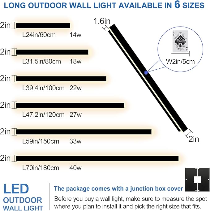 Modern Outdoor Wall Lights, 2 Pack 59 Inch Long Outdoor Wall Sconce | 3000K LED Outside Wall Light with Junction Box Cover IP65 Waterproof Wall Mount Exterior Light Fixtures for House Garage