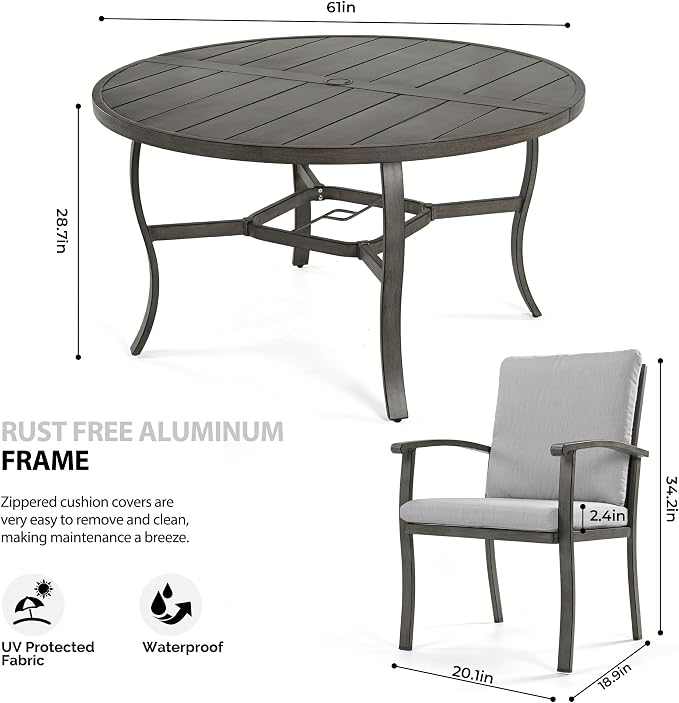 HAPPATIO Patio Dining Set, Aluminum Round Outdoor Dining Set for 8, 61" Round Table with Umbrella Hole and 8 Chairs, Outdoor Table and Chairs with Removable Cushion for Lawn Yard