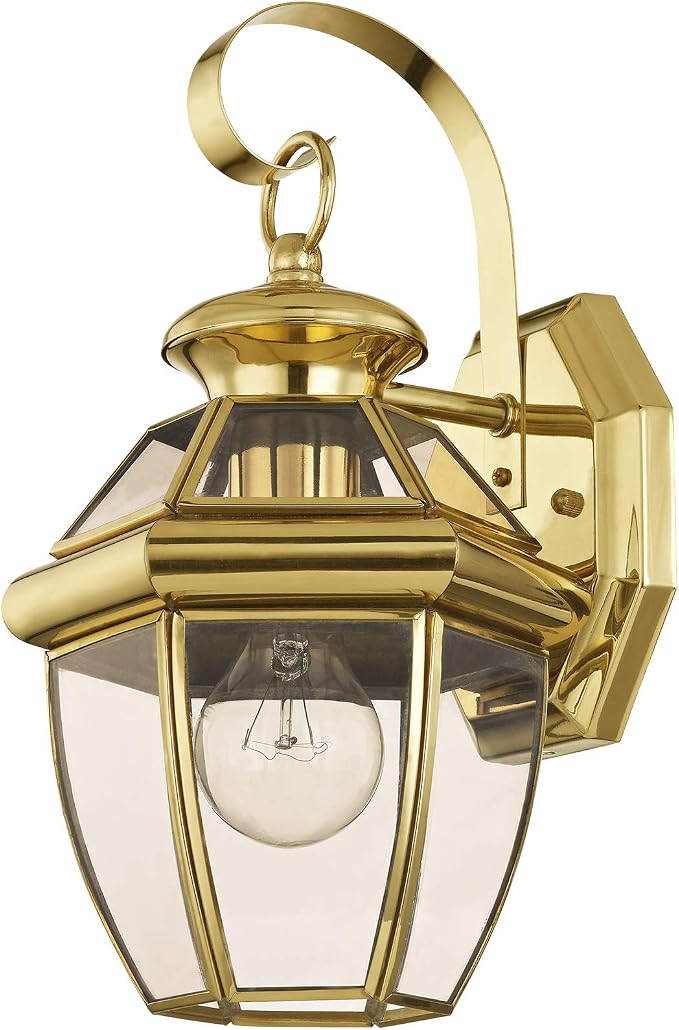 Livex Lighting 2051-02 Monterey 1-Light Wall Lantern, Polished Brass | Clear Beveled Glass; Solid brass construction