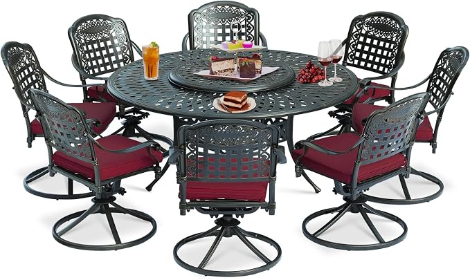 9-Piece Patio Cast Aluminum Dining Set, Outdoor Dining Furniture Set for 8 Person, Includes 8 Swivel Dining Chairs and 61" Large Round Dining Table with 31" Lazy Susan, Umbrella Hole, Red