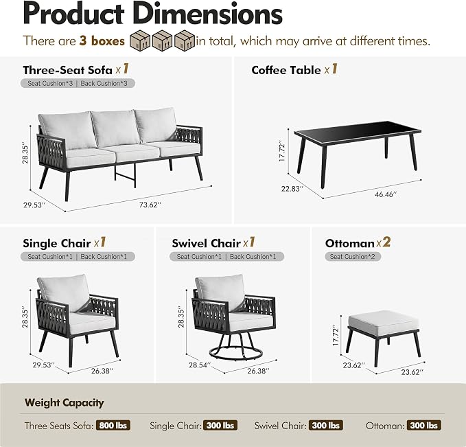 Outdoor Patio Furniture Set, 6-Piece Metal Conversation Furniture Sofa with Coffee Table, All Weather Patio Couch Sofa with Thick Cushions for Balcony Backyard,Light Grey