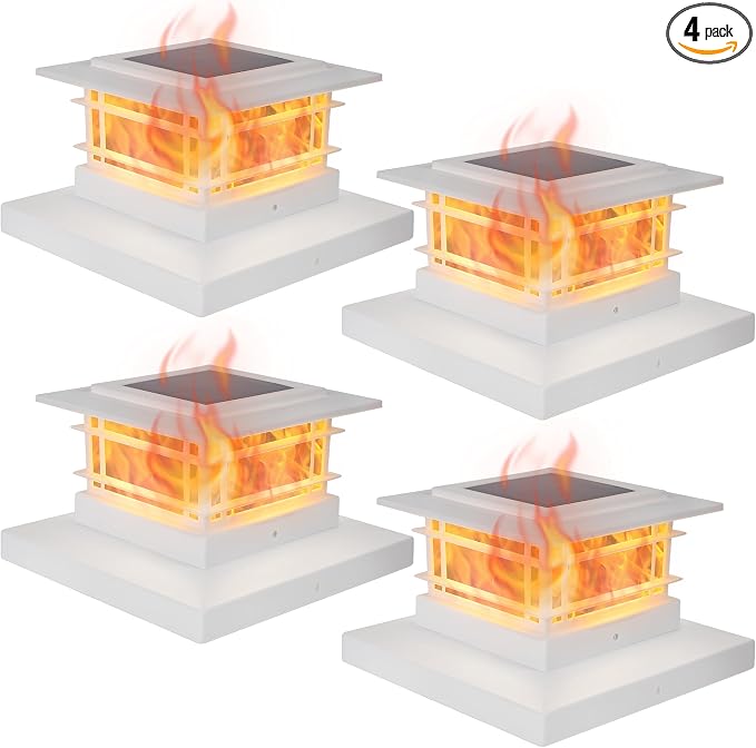 Dynaming 4 Pack Solar Post Cap Lights Outdoor with Flickering Flame Light, White Shell Fence Post Solar Lights Fit 4x4 5x5 Vinyl/Wooden Posts, Brightness LED Lighting Decor for Garden Deck Patio