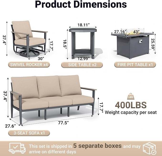 Aluminum Outdoor Patio Furniture Set, 8-Piece Sectional Sofa with 5.1" Thick Cushions, 4 Swivel Rocking Chairs, 55,000 BTU Propane Fire Pit Table, Outdoor Couch for Backyard, Deck, Khaki