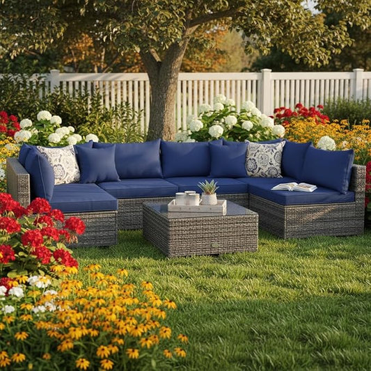 Tangkula 7 Pieces Wicker Patio Furniture Set, All-Weather Outdoor Rattan Sectional Sofa Set with Cushions & Tempered Glass Coffee Table, Outside Sofa Set for Garden, Lawn, Deck, Backyard (Navy)
