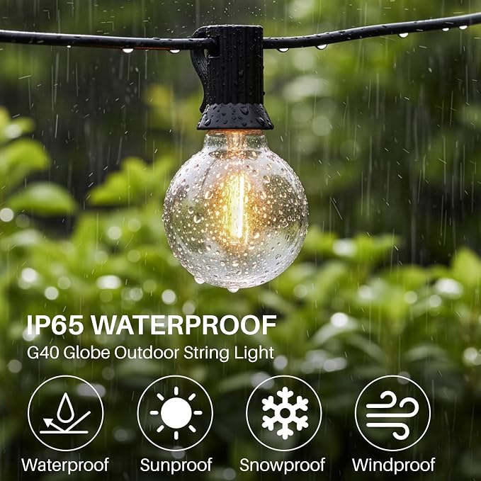 50 FT 2700K Outdoor String Lights,26 Plastic Edison Bulbs, E12 Base | G40 globe shatterproof bulbs, IP65 waterproof, dimmable LED, for backyard porch balcony party decor